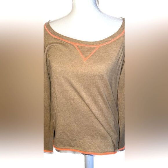 Gap all cotton boat-crew sweater, beige with surprising coral trim - Picture 1 of 9